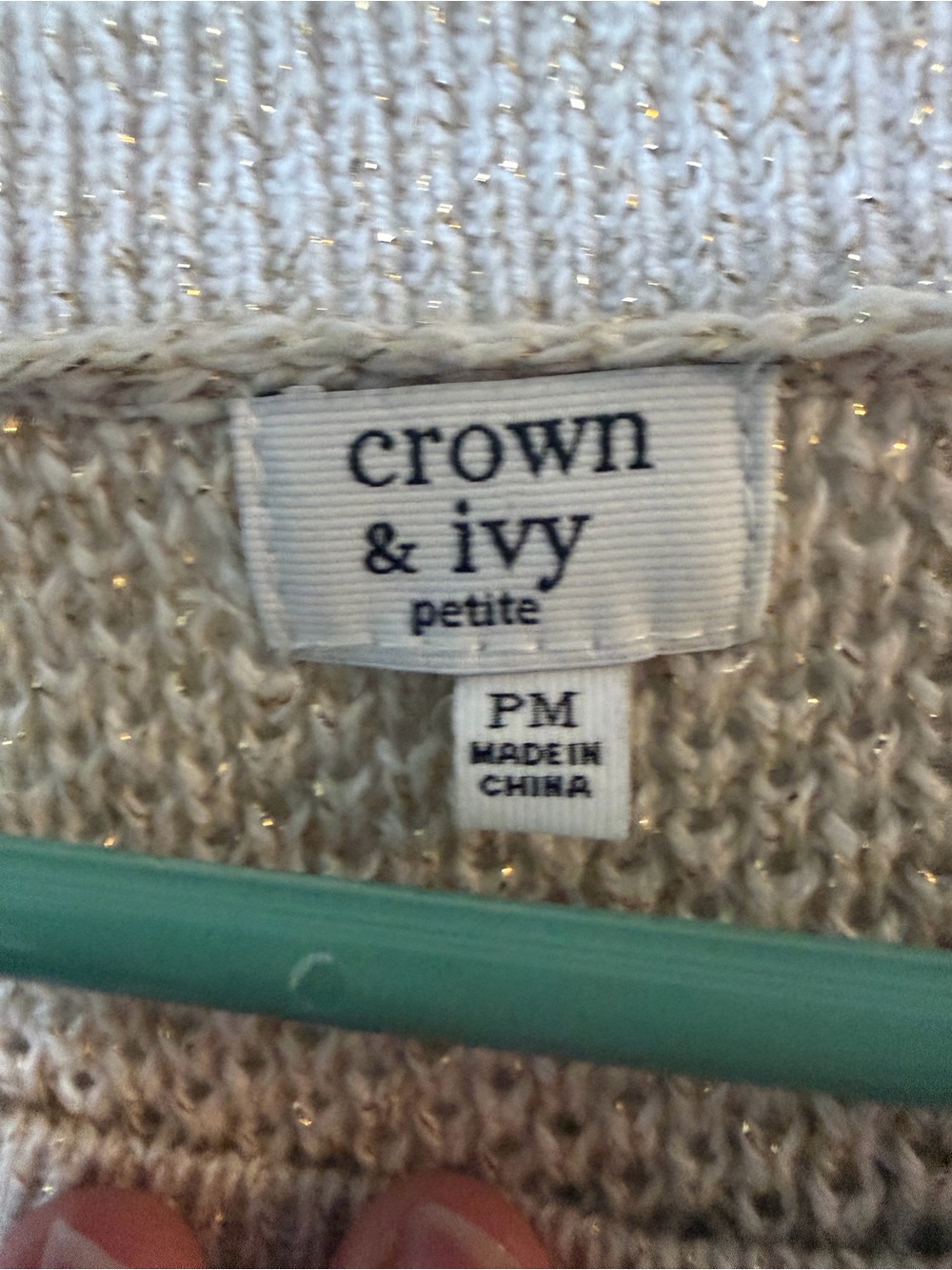 Crown & Ivy Petite Cable Knit Metallic Sweater Beige Gold Shimmer PM - Picture 7 of 11